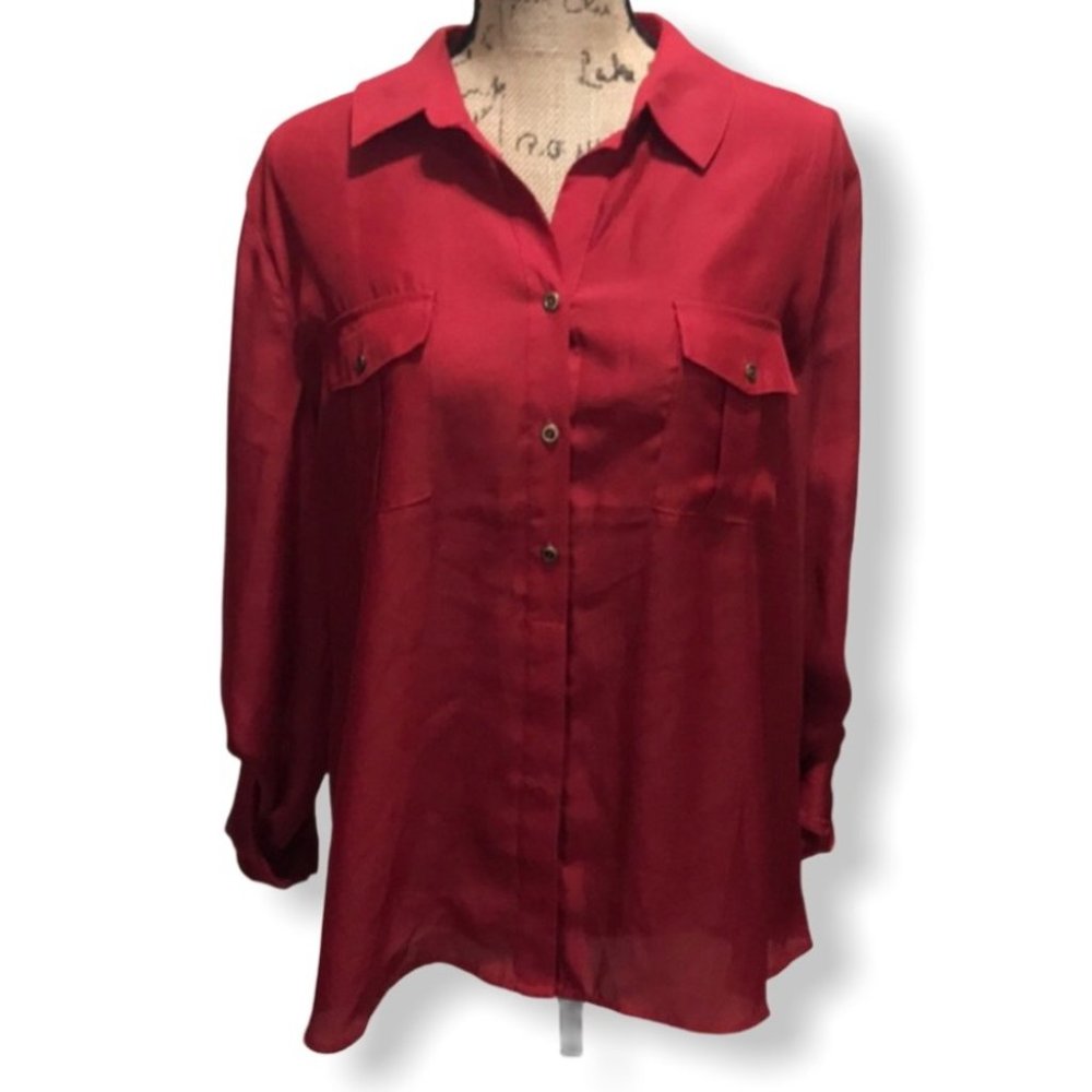 {Chico’s} Satin Red Button Down Roll Tab Blouse
